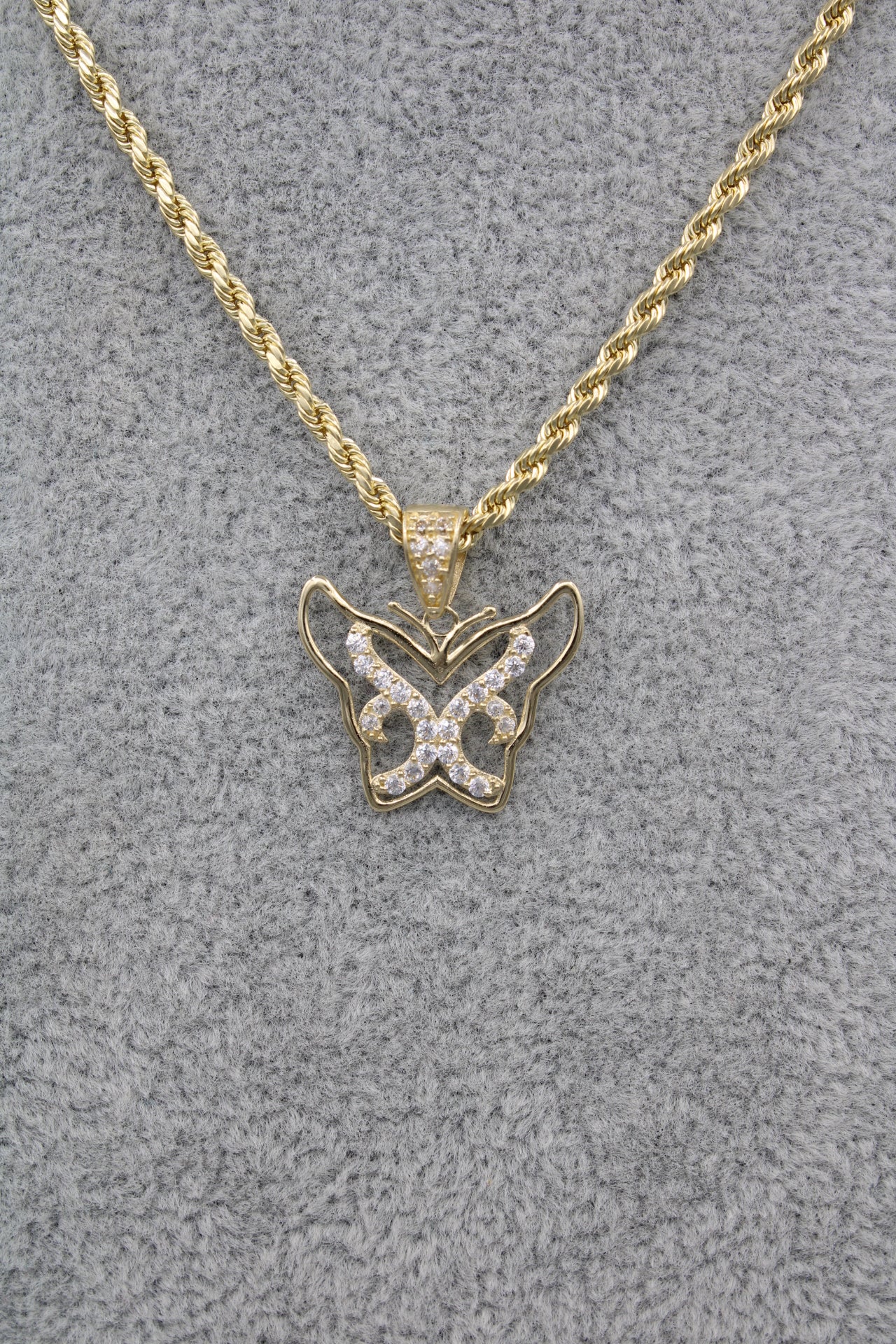 14K Hollow Rope Chain || Cubic Zirconia Butterfly Pendant