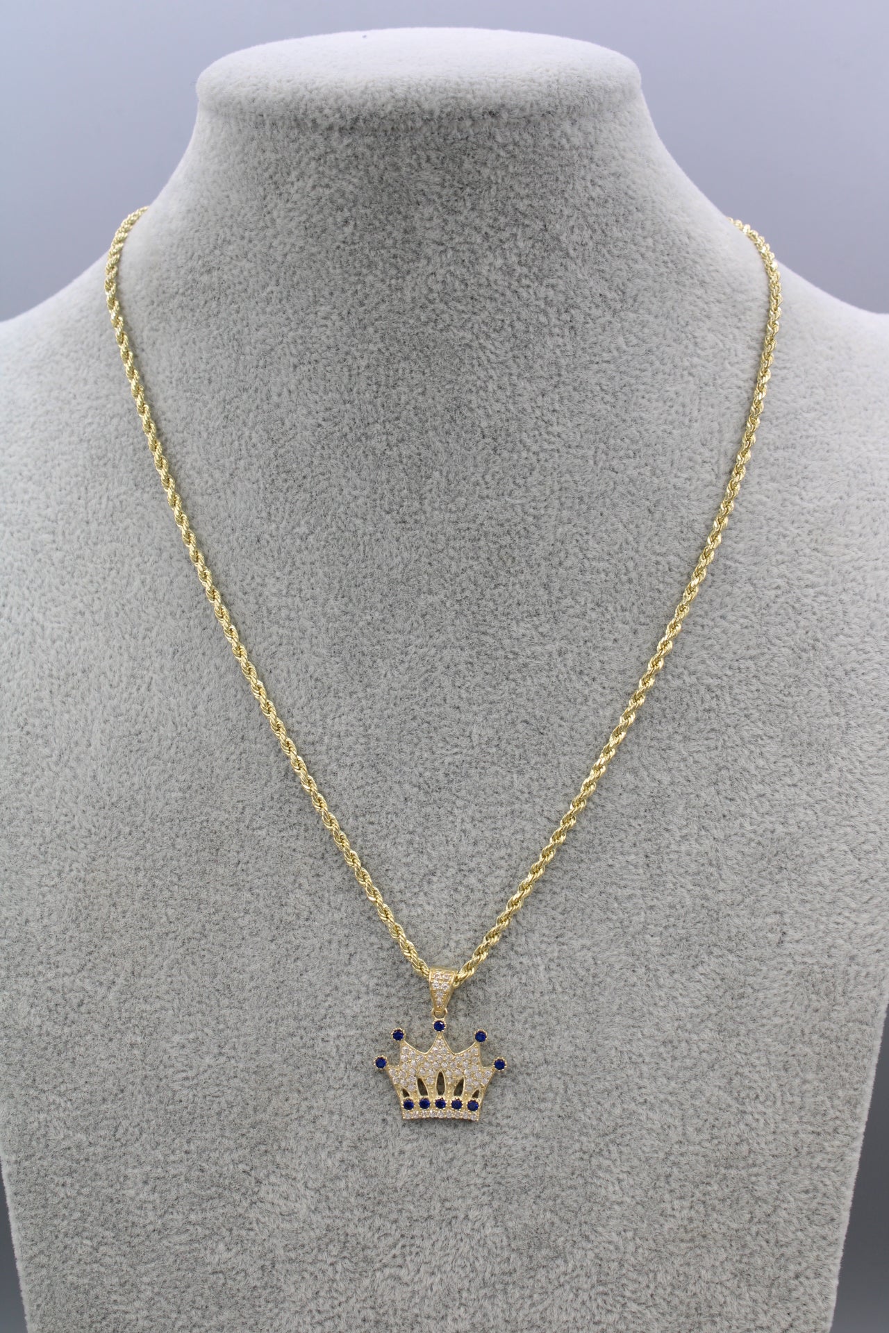 14K Hollow Rope Chain || Cubic Zirconia Crown Pendant