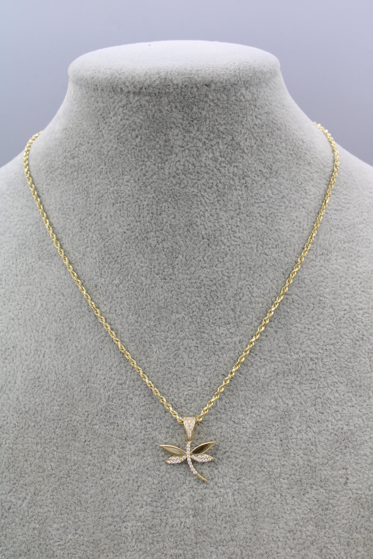 14K Hollow Rope Chain || Cubic Zirconia Dragonfly Pendant