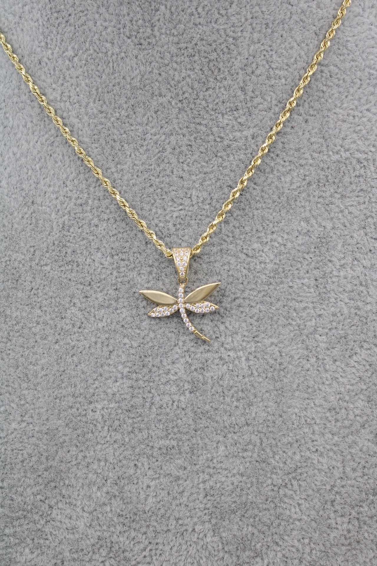 14K Hollow Rope Chain || Cubic Zirconia Dragonfly Pendant