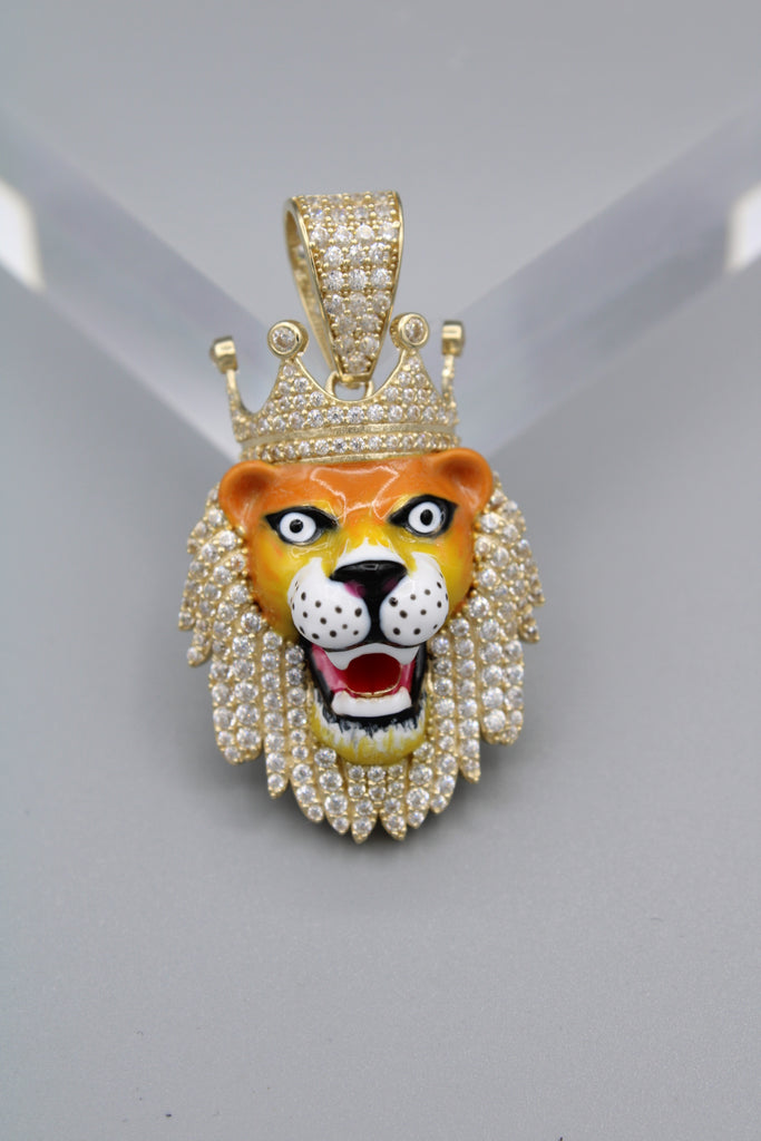 14k newest Yellow Gold Plated Silver Cubic Zirconia Lion Crown Face Pendant 1.6